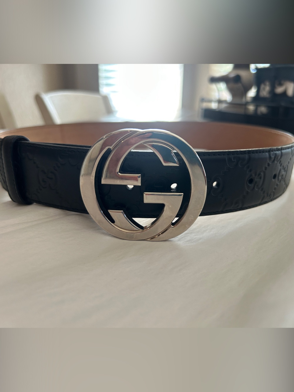 Gucci Black Leather Belt with Silver Interlocking Logo Buckle
